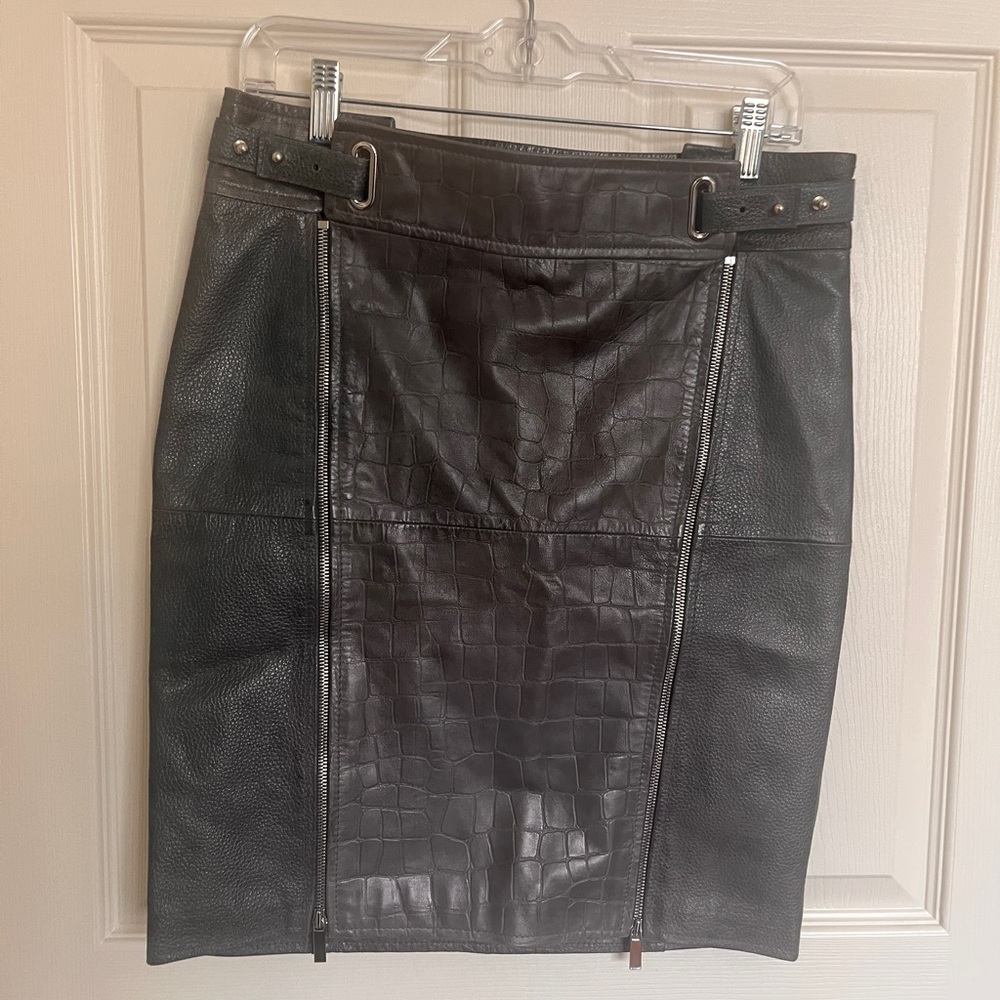 Bagatelle Charcoal Leather Croc-Panel Pencil Zipper Skirt